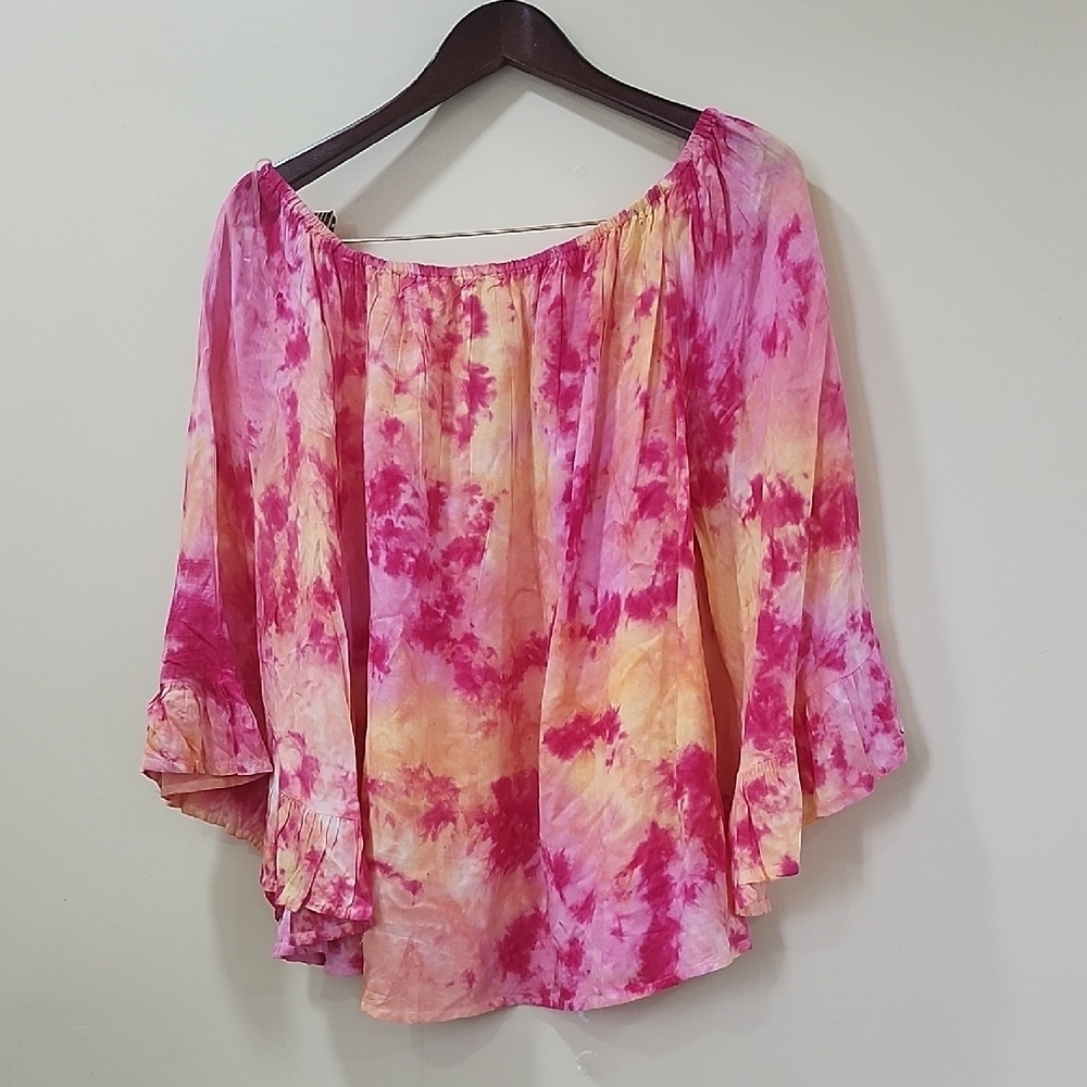 Feathers Pink and Orange Ruffled 3/4 Sleeve Blouse